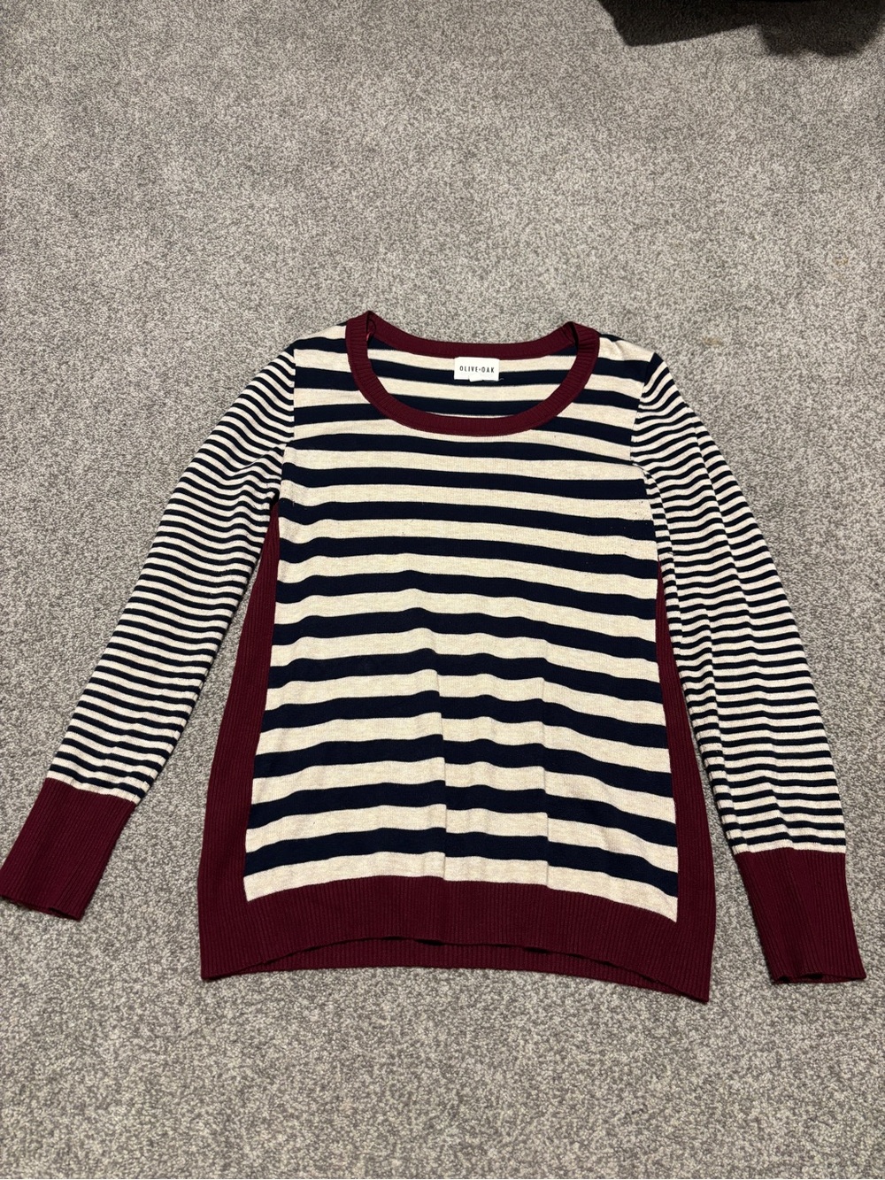Olive & Oak Navy and Ivory Striped Crewneck Sweater with Burgundy Trim (L)